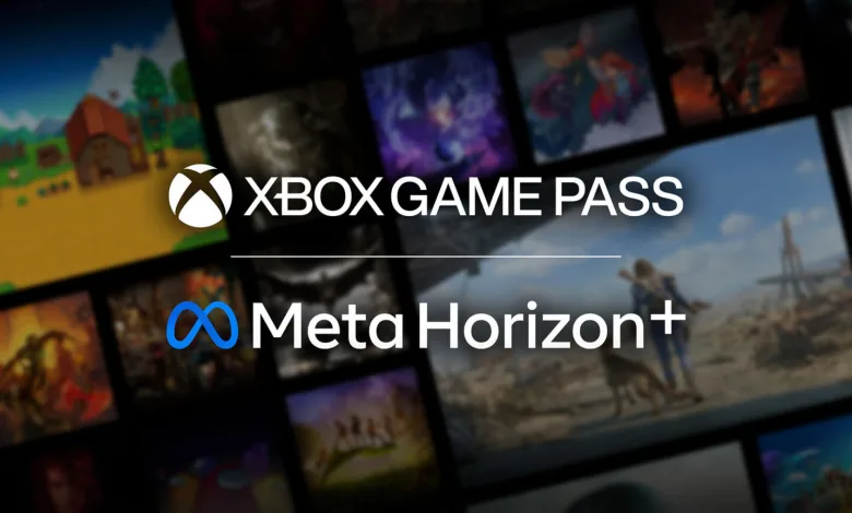 Xbox Game Pass and Meta Horizon+ logos over a blurred collage of video game artwork