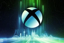 Xbox logo above a glowing futuristic landscape in blue and green light