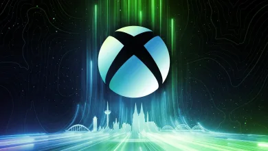 Xbox logo above a glowing futuristic landscape in blue and green light