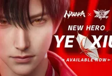 Close-up promotional artwork of Ye Xiu with NARAKA: BLADEPOINT branding and text announcing the new hero is available now