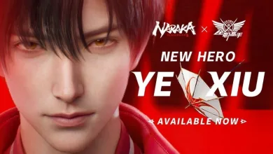 Close-up promotional artwork of Ye Xiu with NARAKA: BLADEPOINT branding and text announcing the new hero is available now