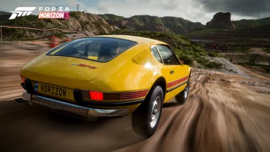 Yellow 1976 Volkswagen SP-2 driving on a dirt road in Forza Horizon 5