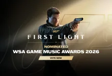 007 First Light promotional graphic showing James Bond aiming a pistol beside text announcing the game's nomination for the 2026 WSA Game Music Awards.