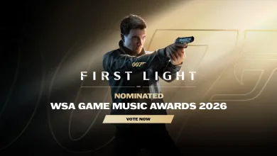 007 First Light promotional graphic showing James Bond aiming a pistol beside text announcing the game's nomination for the 2026 WSA Game Music Awards.