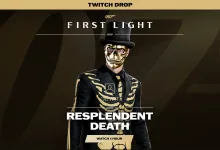 007 First Light graphic showing Bond in the skeleton-themed Resplendent Death outfit with Twitch Drop and watch one hour text.