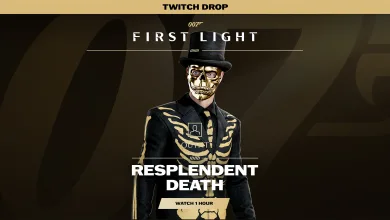 007 First Light graphic showing Bond in the skeleton-themed Resplendent Death outfit with Twitch Drop and watch one hour text.
