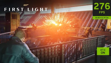 A character takes cover as an explosion fills a railway platform in 007 First Light, with RTX On and 276 FPS text visible.