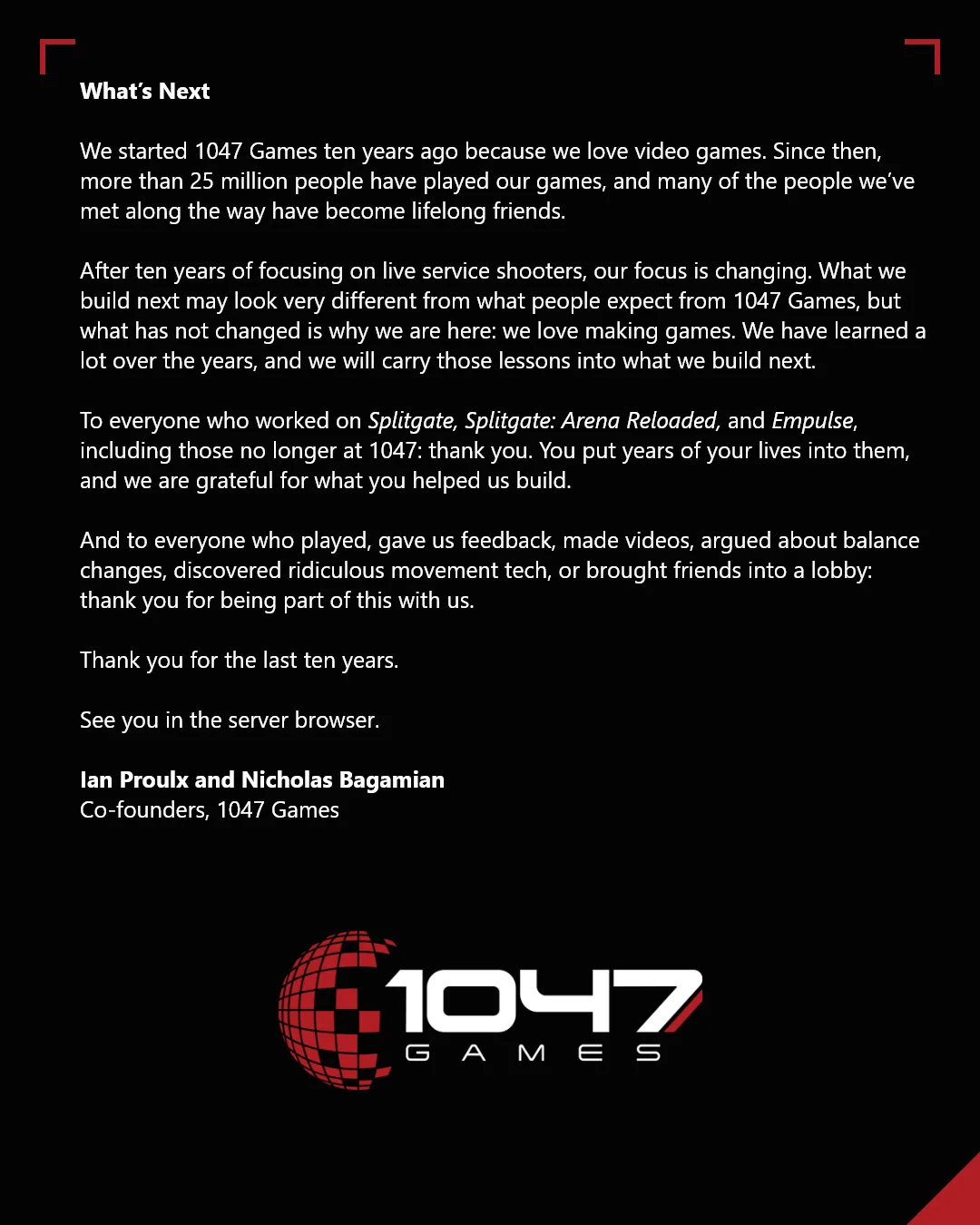 1047 Games statement titled What's Next, signed by Ian Proulx and Nicholas Bagamian