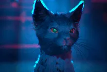 A black cat with mismatched glowing eyes in a blue-lit scene.