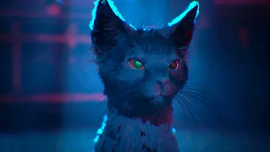 A black cat with mismatched glowing eyes in a blue-lit scene.