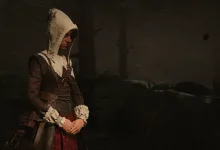 A hooded woman stands in a dark forest in 1666: Amsterdam.