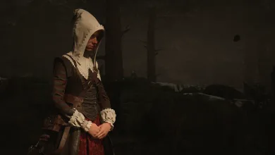 A hooded woman stands in a dark forest in 1666: Amsterdam.