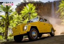 Yellow 1973 Volkswagen Thing driving through a dusty canyon in Forza Horizon 5