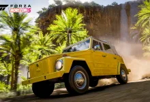 Yellow 1973 Volkswagen Thing driving through a dusty off-road scene in Forza Horizon 5