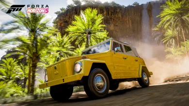 Yellow 1973 Volkswagen Thing driving through a dusty off-road scene in Forza Horizon 5