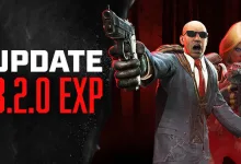 7 Days to Die V3.2.0 EXP update artwork showing two armed survivors against a dark red background