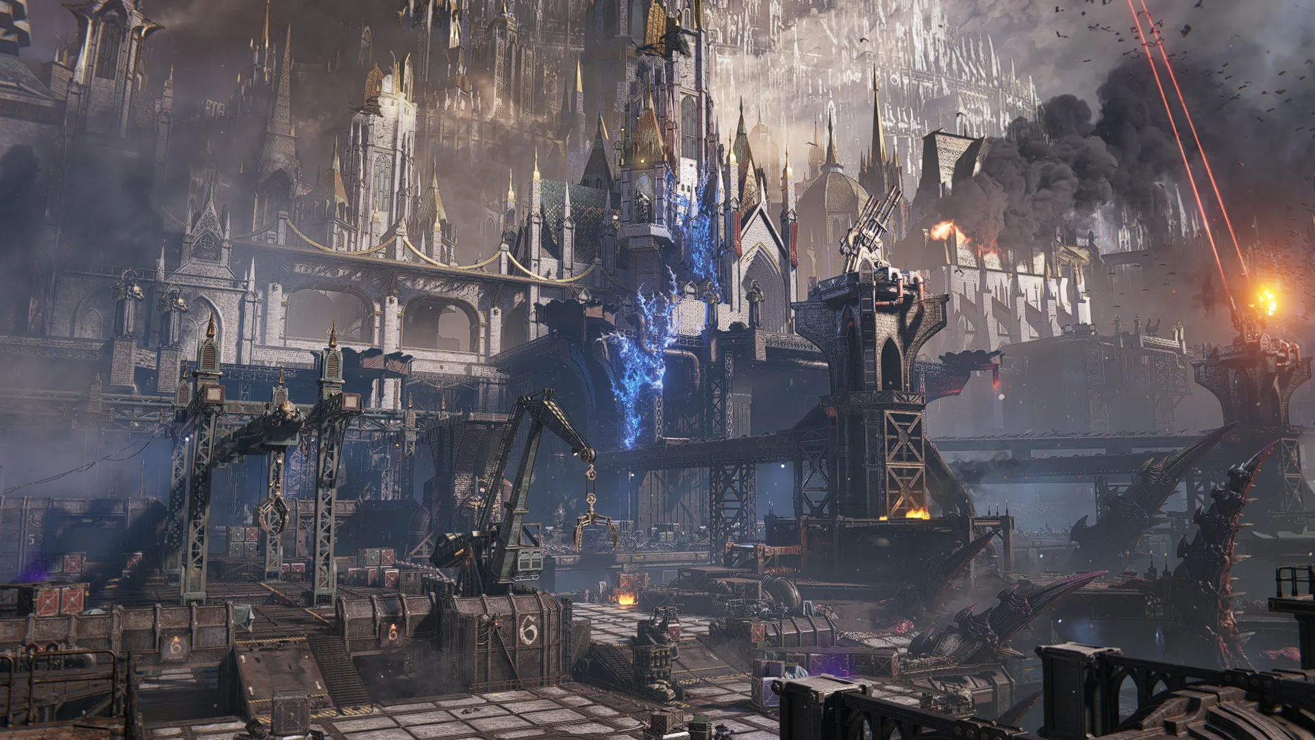 A battle-scarred Avarax battlefield with Gothic structures and burning wreckage