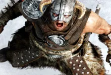 A helmeted, fur-clad warrior lunges toward the viewer with an open-mouthed battle cry.