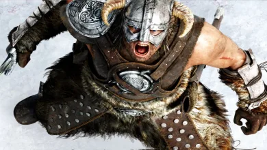 A helmeted, fur-clad warrior lunges toward the viewer with an open-mouthed battle cry.