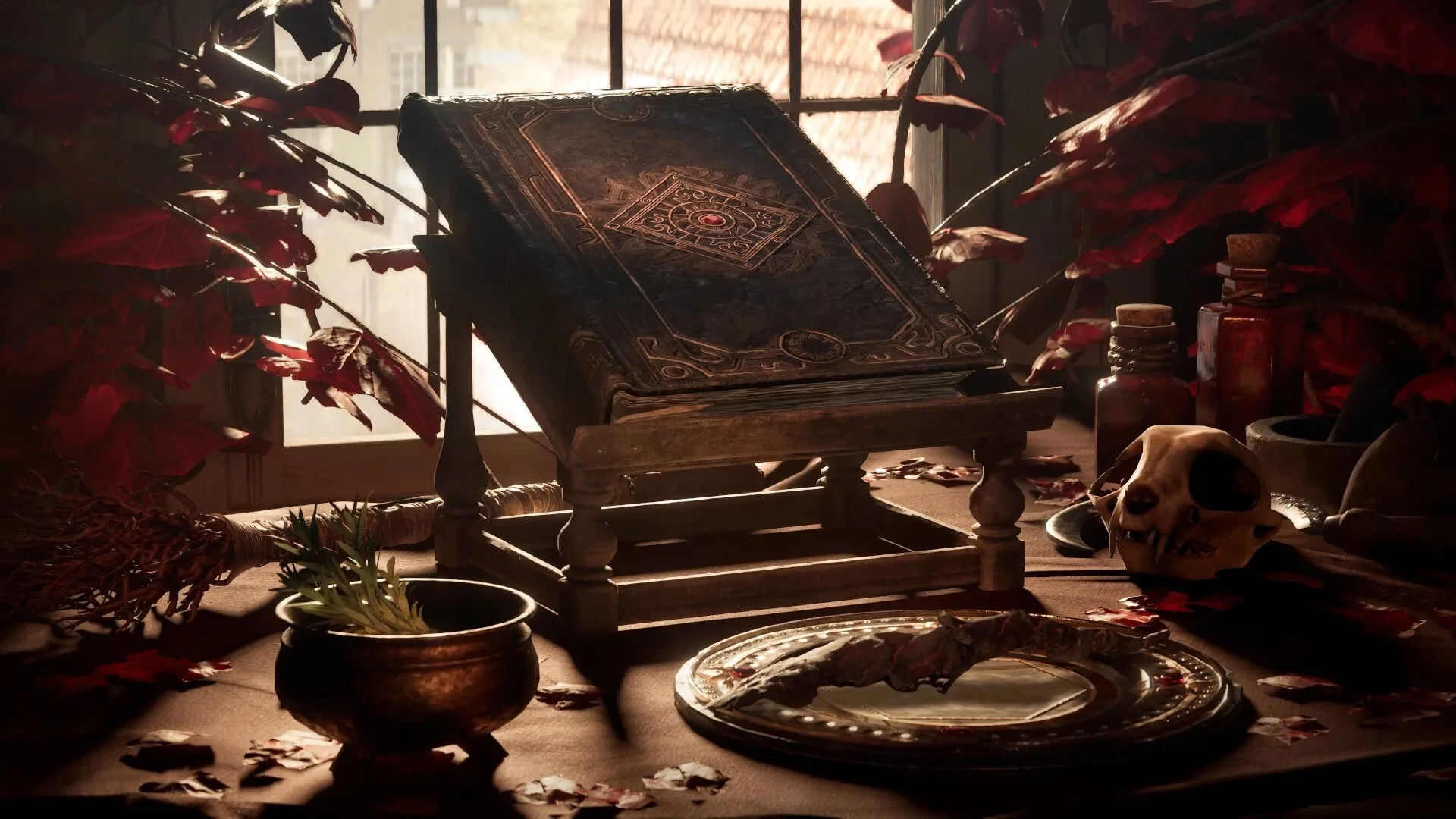 A large book rests on a stand beside ritual objects