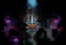 A large mechanical structure stands in a dark underground Core Keeper cavern, surrounded by purple lights and machinery.