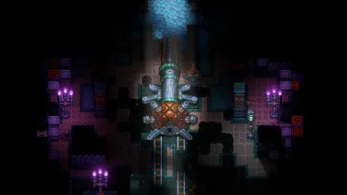 A large mechanical structure stands in a dark underground Core Keeper cavern, surrounded by purple lights and machinery.
