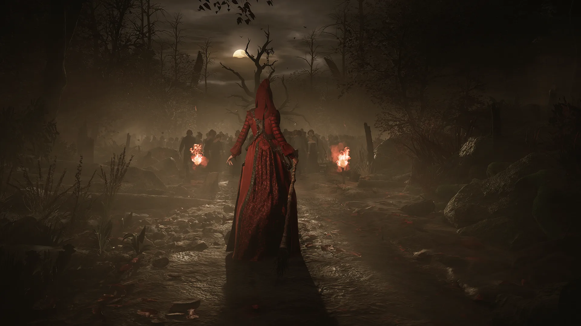 A red-robed figure walks through a dark wooded path