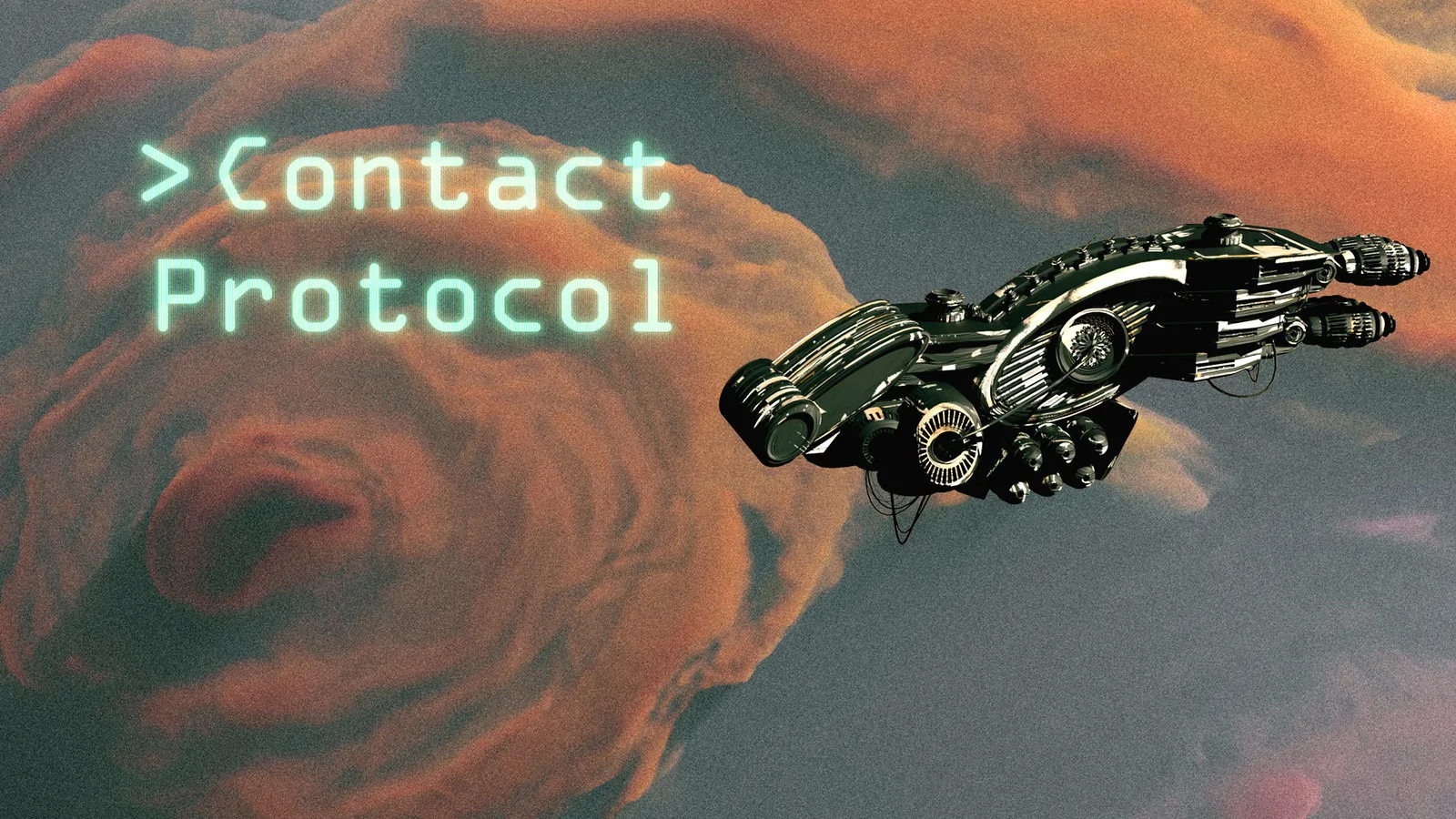 A spaceship flying through a clouded sky in Contact Protocol