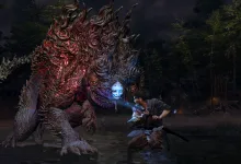A warrior confronts a towering red-and-blue creature in a dark forest.