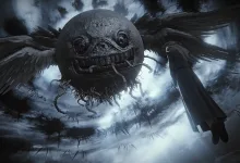 A grotesque spherical creature with wings looms over a cloaked figure in a stormy sky.