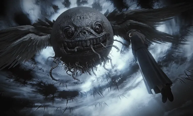 A grotesque spherical creature with wings looms over a cloaked figure in a stormy sky.