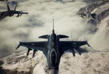 Several fighter jets fly in formation over snow-covered mountains in Ace Combat 7
