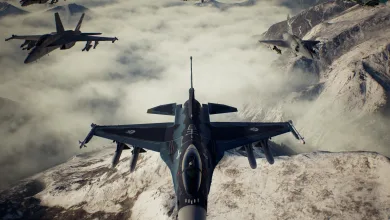 Several fighter jets fly in formation over snow-covered mountains in Ace Combat 7