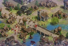 Age of Empires II gameplay showing a medieval settlement with defensive towers, infantry, a bridge, and ships on the water