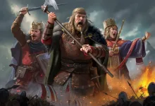 Artwork for Age of Empires II: Definitive Edition – The Viking Sagas showing three medieval warriors amid a battlefield.