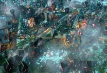 A snowy Danish settlement with red-and-white flags under the northern lights in Age of Empires III: Definitive Edition.
