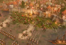 Age of Empires III gameplay showing Polish troops and artillery attacking a fortified settlement beside a ship.