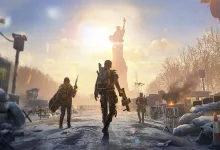 Division agents advance through a snow-covered New York street with the Statue of Liberty visible in the background
