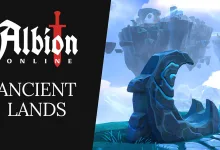 The Albion Online logo and Ancient Lands title appear beside a glowing blue stone portal-like structure in a bright floating landscape.