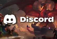 Albion Online characters face a red dragon beneath a large Discord logo