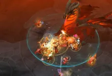 Albion Online players battle a large fire dragon during a raid encounter