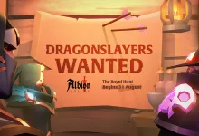 Albion Online characters stand before a sign reading “Dragonslayers Wanted” for the Royal Hunt beginning 31 August.