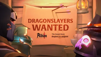 Albion Online characters stand before a sign reading “Dragonslayers Wanted” for the Royal Hunt beginning 31 August.