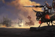 An armored Albion Online warrior rides a heavily equipped dark mount through a smoky battlefield.