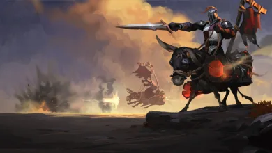 An armored Albion Online warrior rides a heavily equipped dark mount through a smoky battlefield.