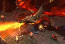 Albion Online players fight a large fire-breathing dragon in a volcanic arena