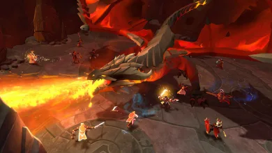 Albion Online players fight a large fire-breathing dragon in a volcanic arena