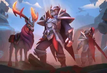 Armored Albion Online Dragon Hunter characters stand beside fiery-antlered mounts in a fantasy landscape.