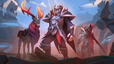 Armored Albion Online Dragon Hunter characters stand beside fiery-antlered mounts in a fantasy landscape.