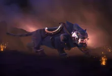 An armored cougar mount prowls through a smoky, fire-lit landscape in Albion Online.